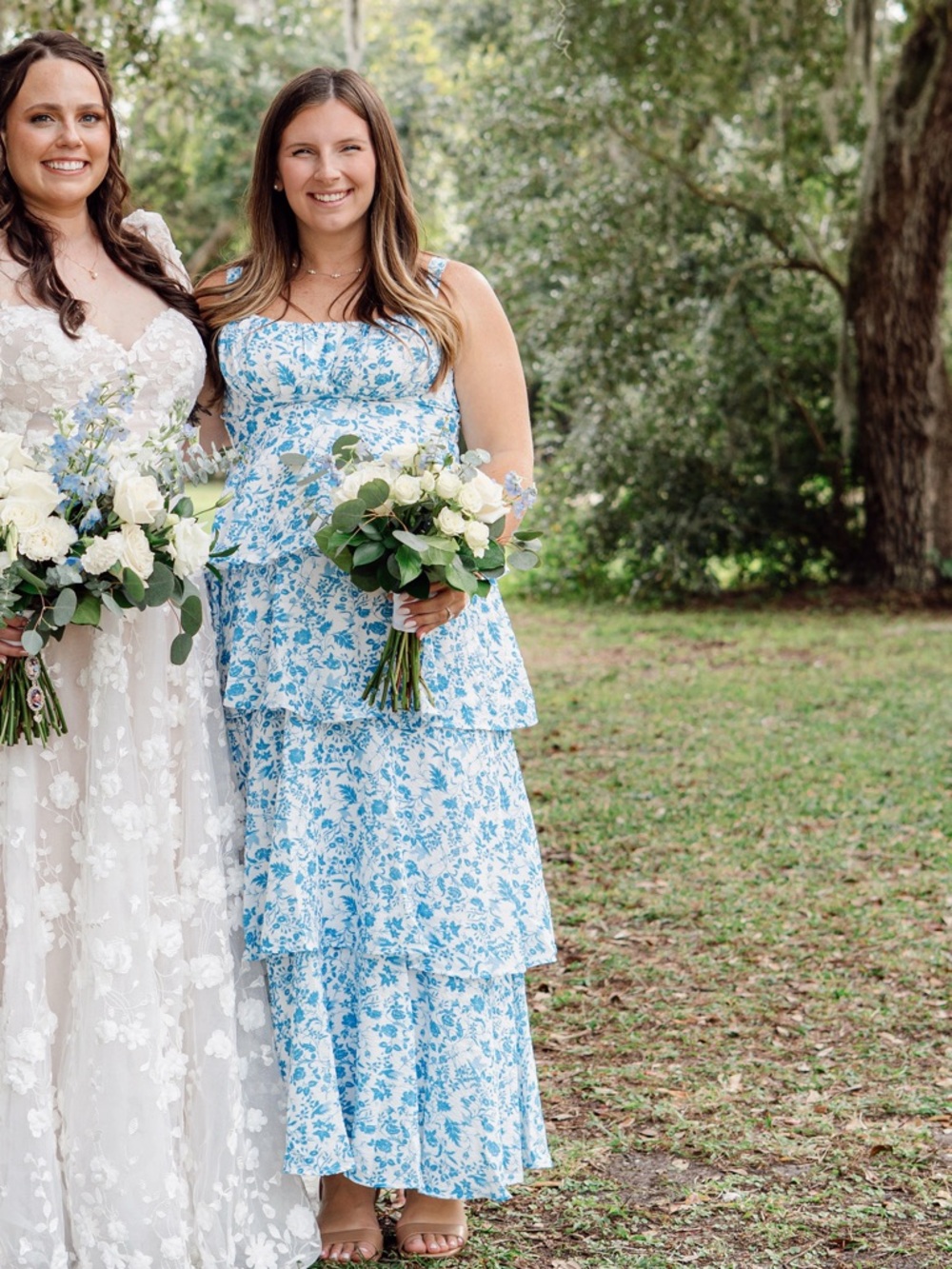 Blue Floral Maxi Dress with Tiered Skirt